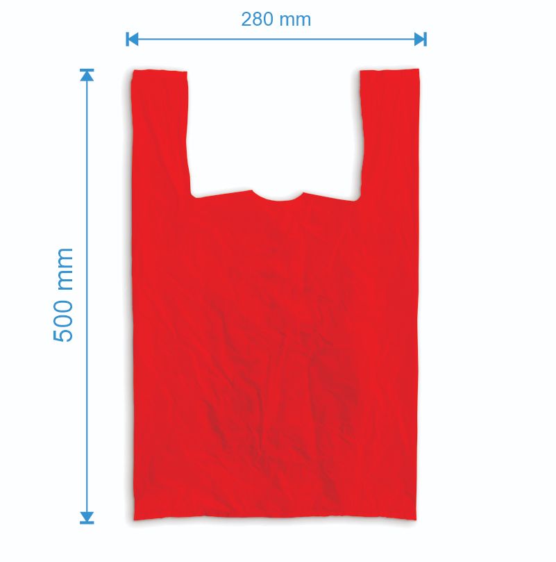 Sacosa maieu 280mm x 500mm - 50 microni grosime, cu pliuri de 70mm, reciclat, culoarea rosu