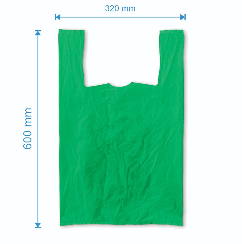 Sacosa maieu 320mm x 600mm - 50 microni grosime, cu pliuri de 90mm, reciclat, culoarea verde