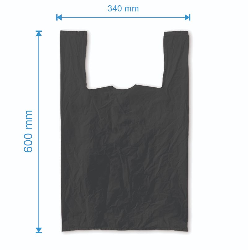 Sacosa maieu 340mm x 600mm - 50 microni grosime, cu pliuri de 100mm, reciclat, culoarea neagră