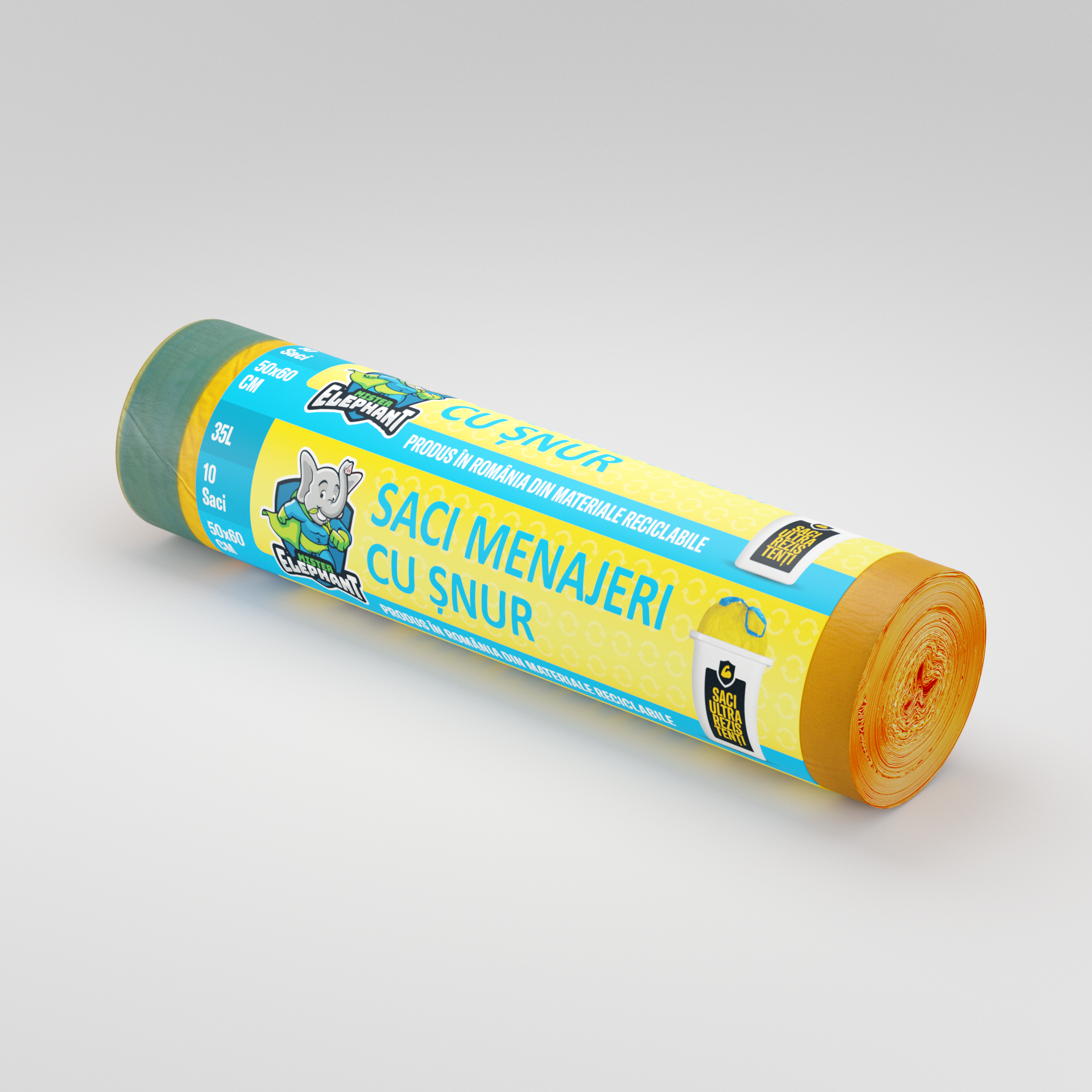 Saci menajeri cu șnur Mr. Elephant 35L – Galbeni-10 saci/rola
