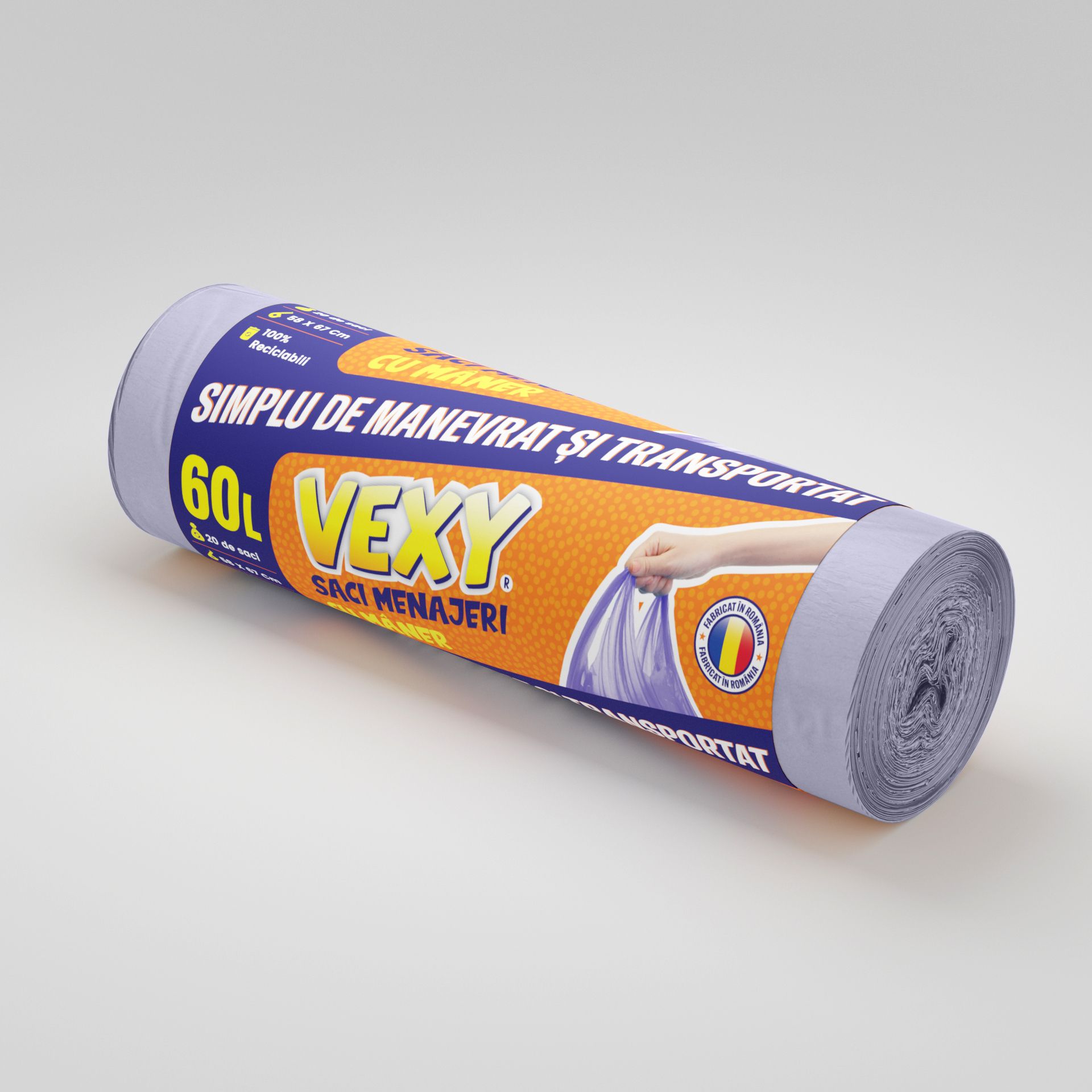 Saci menajeri cu mâner VEXY 60L, MOV-20 saci/rola